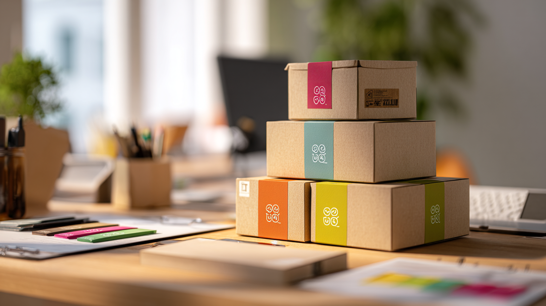Stack of cardboard shipping boxes with colorful labels on a wooden desk, surrounded by office supplies in a bright modern workspace.