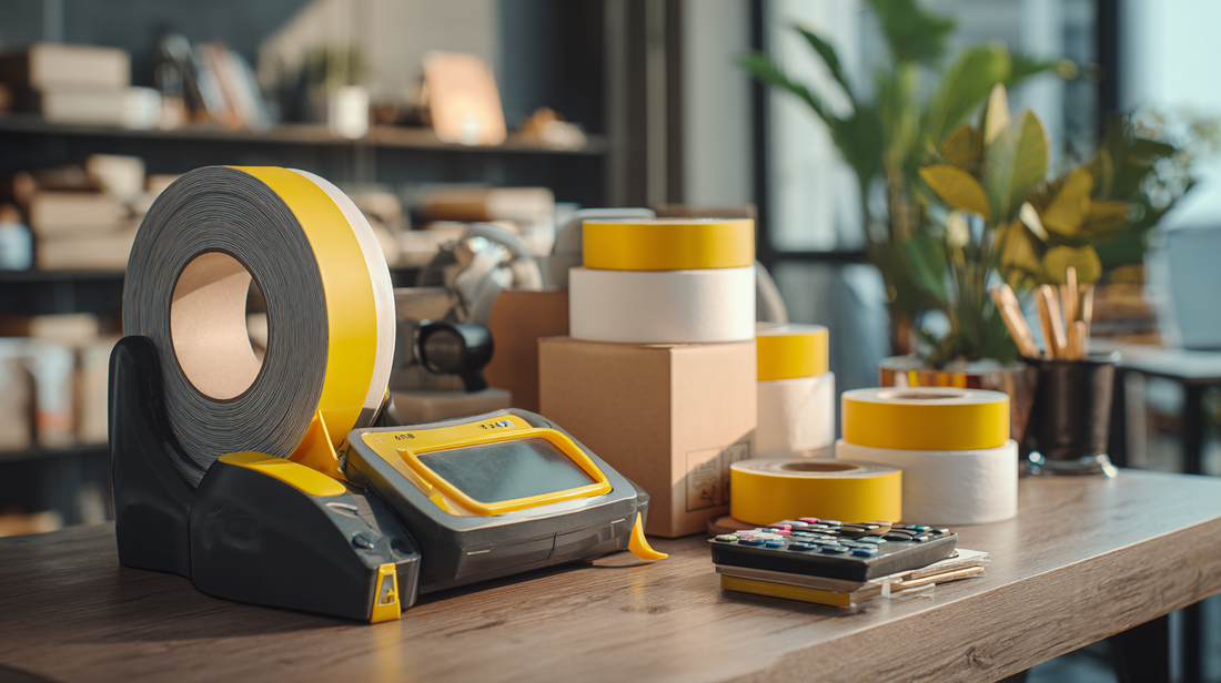 Office desk with large rolls of yellow packing tape, a tape dispenser, shipping boxes, and other packing supplies in a bright modern workspace.