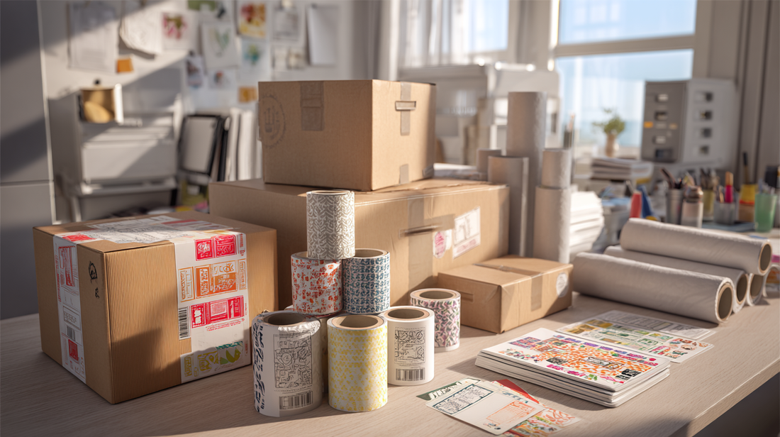 Office packing station with cardboard boxes, colorful rolls of labels and stickers, mailing tubes, and printed sheets on a desk, bright natural light filling the workspace.