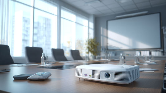Modern conference room with a projector on the table, projection screen in the background, and natural light coming through large windows for a professional presentation setup.