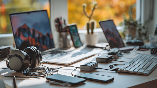 Modern office desk with laptops, smartphones, chargers, a keyboard, mouse, and headphones connected with cables, bright natural light and autumn colors outside the window.