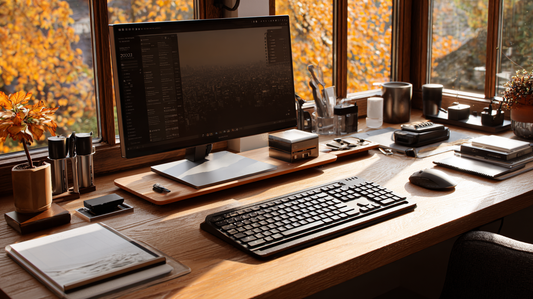 Organized home office desk with a desktop monitor, keyboard, mouse, notebooks, and office accessories, with autumn trees visible through large windows in the background.