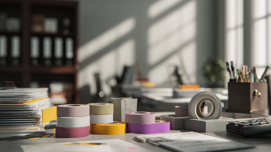 Office desk with colorful adhesive tape rolls, notebooks, pens, and documents, bright natural light streaming across the workspace with shelves of binders in the background.