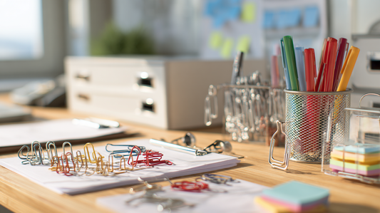 Office desk with colorful pens in a holder, stacks of sticky notes, and assorted paper clips and binder clips arranged neatly on documents in a bright workspace.