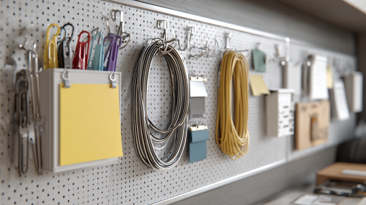 Office pegboard wall with organized hook and loop fasteners, magnetic clips, cables, and note holders neatly arranged for workspace efficiency.