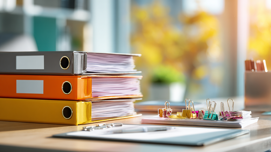 Office desk with colorful binders stacked beside documents and binder clips, bright natural light and autumn colors visible through the window.