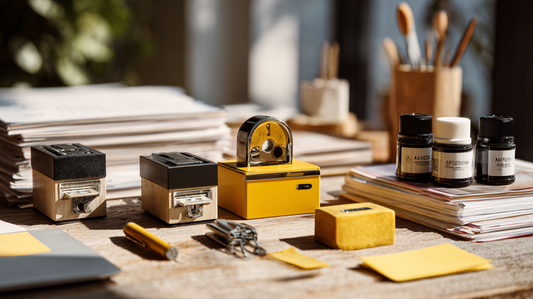Office desk with stacks of documents, tape dispenser, sticky notes, and small storage boxes neatly arranged, bright natural light creating a professional and organized workspace.
