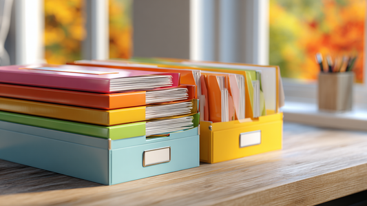 Office desk with colorful file cases and storage boxes filled with organized documents, bright natural light and autumn colors visible through the window.