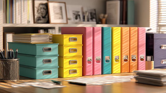 Office shelf and desk with colorful storage boxes and magazine holders neatly arranged, stacks of documents and stationery creating an organized workspace in natural light.