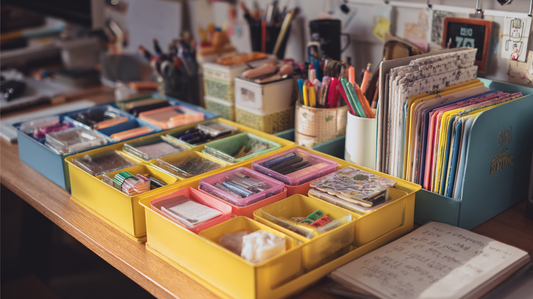 Office desk with colorful drawer organizers holding stationery, sticky notes, and pens, alongside neatly arranged file folders and notebooks in a bright workspace.
