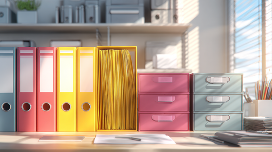 Office desk with colorful binders, a yellow file holder filled with documents, and small storage drawers neatly arranged in bright natural light.