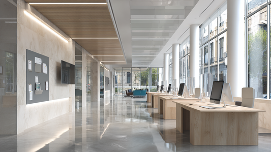 Modern office lobby with wooden desks, desktop computers, and wall-mounted bulletin boards for announcements, featuring bright natural light from large windows.
