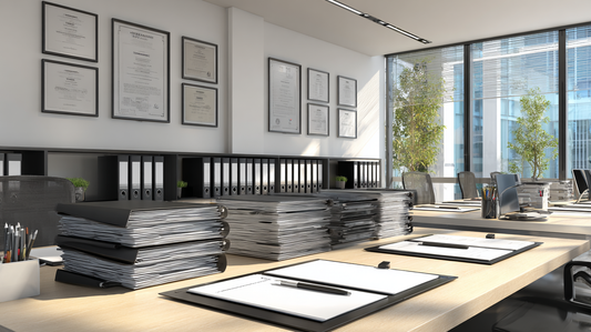 Modern office with long desks stacked with organized binders and documents, certificates displayed on the wall, and large windows bringing in natural light.