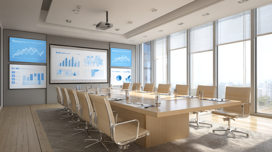 Spacious conference room with large projector screen and digital display panels showing charts and graphs, surrounded by modern beige chairs and bright natural light.