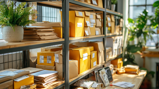 Shelves filled with organized yellow envelopes and mailers in a bright office mailroom with natural light and indoor plants.