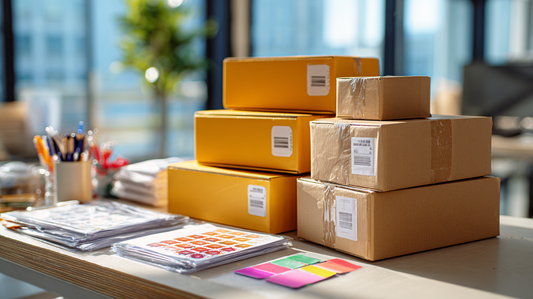 Office desk with neatly stacked shipping boxes labeled for delivery, alongside colorful sticky notes and packing supplies in a bright modern workspace.