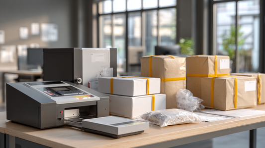 Office desk with shipping scale, label printer, and multiple packages wrapped with tape, ready for delivery in a bright modern workspace.