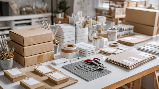 Office packing station with cardboard boxes, mailing supplies, labels, tape, and tools neatly arranged on a large workspace table.  