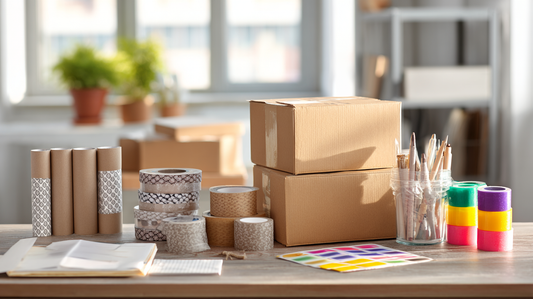 Office packing desk with cardboard boxes, mailing tubes, rolls of tape, colorful stickers, and packing supplies neatly arranged in natural light.  