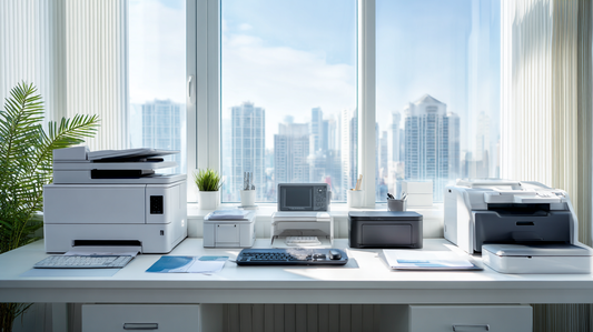 Modern office desk with multiple printers, scanners, and electronic devices neatly arranged by large windows overlooking a city skyline.  