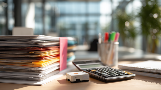 Office desk with a calculator, stack of organized documents, and colorful pens in a holder, set in a bright modern workspace.