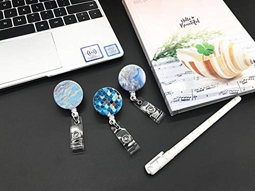 Retractable ID Badge Holder Nurse Badge Reels with Clip Name Card Holders for Office Worker Doctor Nurse (Marble Blue 3-3)