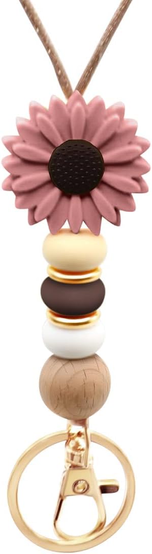 Flower Teacher Lanyards ID Badge and Key Chain, Cute Silicone Beads Lanyard for Women Nurse Work Student (Dark Violet)