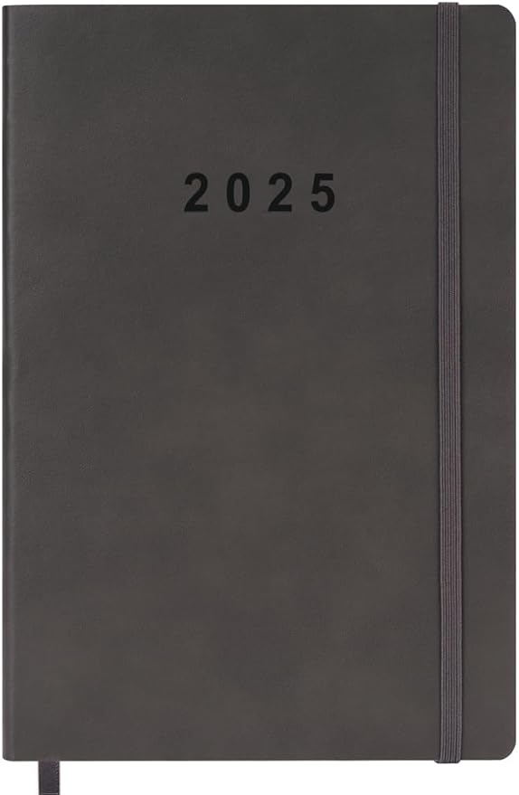 2025 Planner - Weekly and Monthly Planner Jan 2025 - Dec 2025, Holidays, Contacts and Notes Pages, Vegan Leather Cover, Elastic Closure, 5.5”x8.25”, Grey