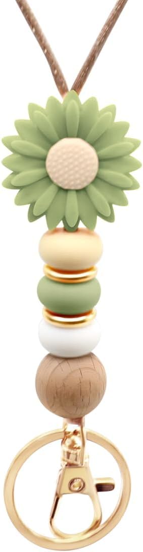 Flower Teacher Lanyards ID Badge and Key Chain, Cute Silicone Beads Lanyard for Women Nurse Work Student (Lovelia)