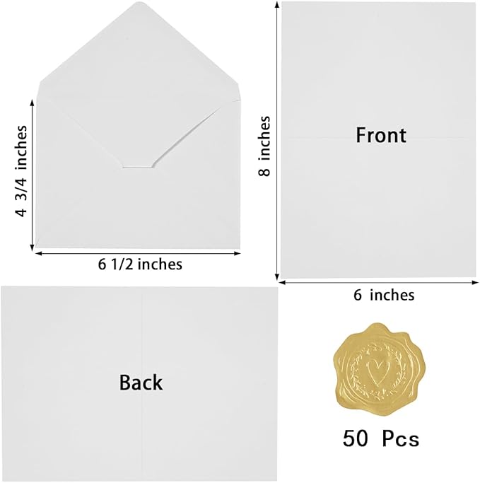 50 Pack White A6 Envelopes with Cards 4x6 Thick Folded Cardstock and Gold Stickers for Greeting Cards, Wedding, Birthday, Invitations, Baby Showers (White, 4x6)