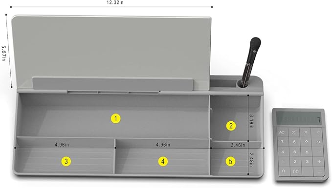 TOWON Desktop Glass Whiteboard with Basic Calculator, 12 Digit LCD Display, Desk Organizers with Accessories for Office, Home, School Supplies, Storage with Dry Erase Board Surface, Gray, 18'' x 6''