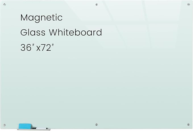 Glass Magnetic White Board - 72 x36 Inches Dry Erase Glass Whiteboard for Wall, Large Wall Mounted Glass Board for School, Office and Home