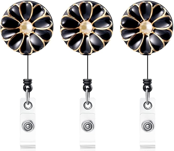 Retractable Badge Holder, ID Badge Reel with Pearl, 3 Pack (Black)