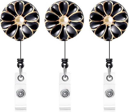 Retractable Badge Holder, ID Badge Reel with Pearl, 3 Pack (Black)