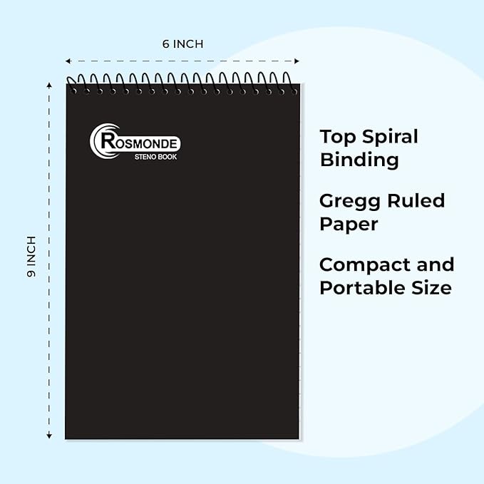 12 Pack Spiral Steno Pads, 6 x 9, Gregg Rule, Black Steno Pad, Long Lasting - 80 Sheets (160 Pages), Top Spiral Notebook, Bulk Steno Notebook for Business, Top Spiral Steno Book for Office