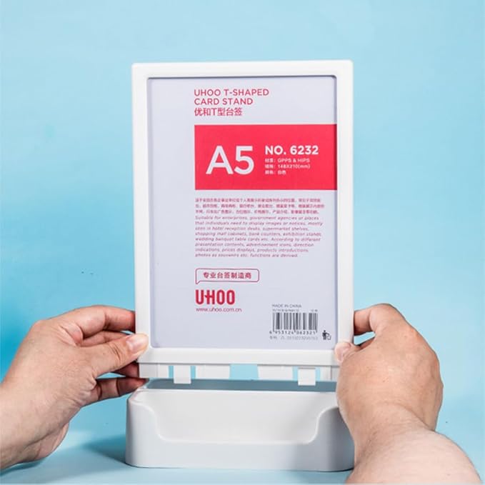ABS Plastic Sign Holder, Menu Displays T Shape Sign Stand with Business Card Holder, Plastic Display Stand for Ads, Menu, Photos, Business Card (Black A4 210×297mm/8.27×11.69 inches)