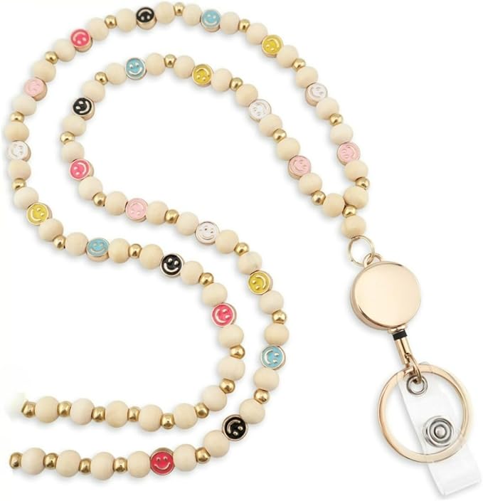 Smile Teacher Lanyard for Women with Retractable ID Badge Reel and Keychain Cute Happy Beads Lanyard