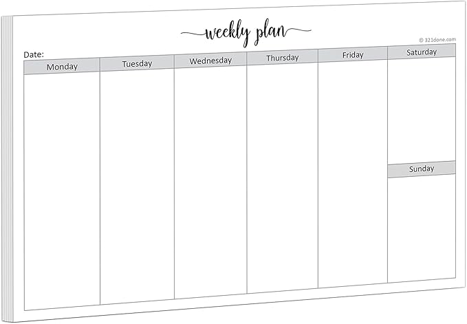 321Done Weekly Planning Notepad Landscape - 50 Sheets (8.5" x 5.5") - Horizontal Weekly Days of Week Paper Note Pad, Planner Organizing - Made in USA - Simple Script