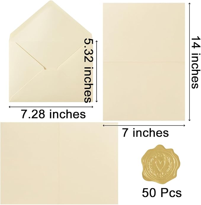 50 Pack Cream A7 Envelopes with Cards 5x7 Thick Folded Cardstock and Gold Stickers for Greeting Cards, Wedding, Birthday, Invitations, Baby Showers (Cream, 5x7)