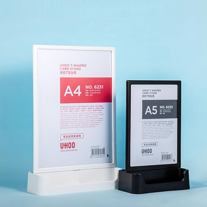 ABS Plastic Sign Holder, Menu Displays T Shape Sign Stand with Business Card Holder, Plastic Display Stand for Ads, Menu, Photos, Business Card (Black A4 210×297mm/8.27×11.69 inches)