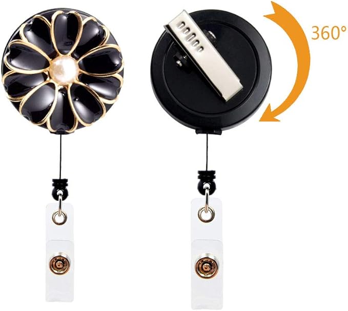 Retractable Badge Holder, ID Badge Reel with Pearl, 3 Pack (Black)