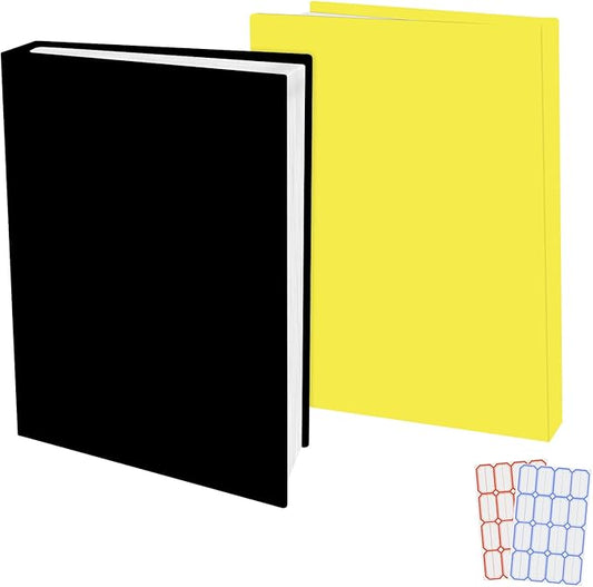 2 Pack Stretchable Book Sleeve Covers, for Paperbacks Hardcover Textbooks up to 9" x 12", Office Supplies with Free Sticker Labels (2 Pack, Black + Yellow)
