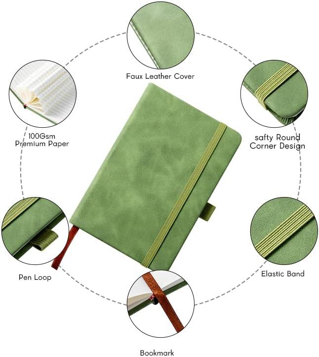 2Pack Pocket Notebook Small Notebook Journal Notebook 4 inches x 5.7 inches 200 Pages Leather Cover With Pen Holder Page Marker Ribbons (Green-withpen)