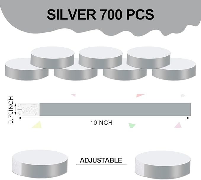 REHALY 1400 Pcs Wristbands for Events Paper Wristbands Waterproof Paper Bracelets Neon Wrist Bands Colored Wristbands Adhesive Hand Bands Armbands for Concerts(Silver)