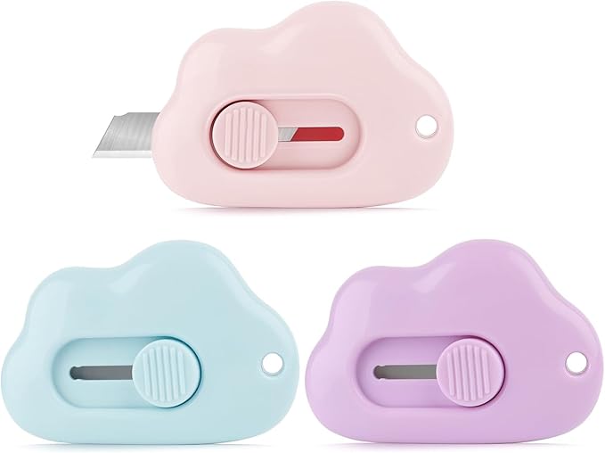 3Pcs Mini Paper Cutter Box Cutter Retractable with Key Chain Hole, Portable Letter Opener with Cute Cloud Shape, School And Office Supplies,Office Supplies