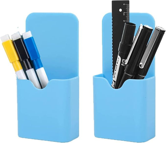 Magnetic Marker Holder Pen Holder for Whiteboard or Fridge Magnet Pencil Cup Storage Organizer for Classroom Office Home Locker and Metal Cabinets Media Organizer Storage 2Pack(Blue)