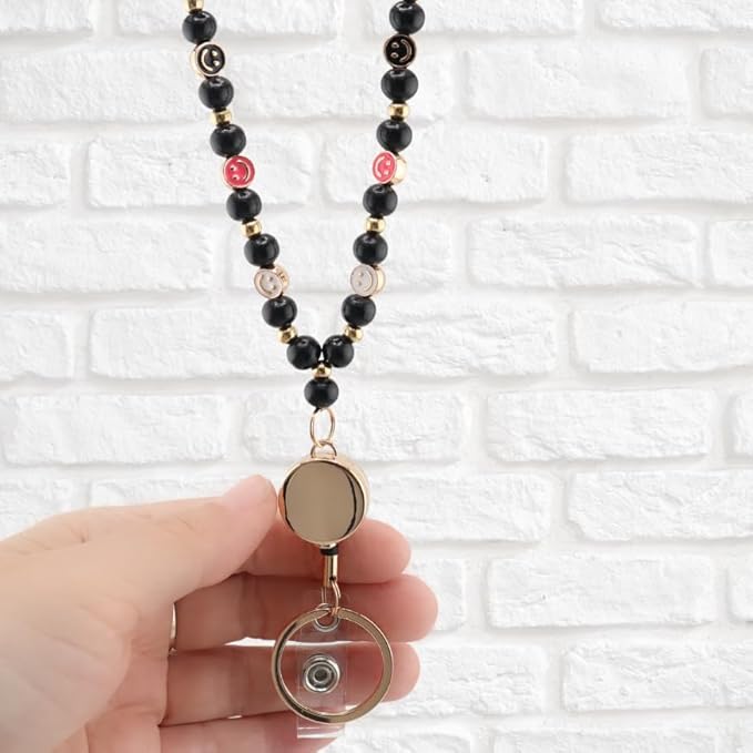 Smile Teacher Lanyard for Women with Retractable ID Badge Reel and Keychain Cute Happy Beads Lanyard