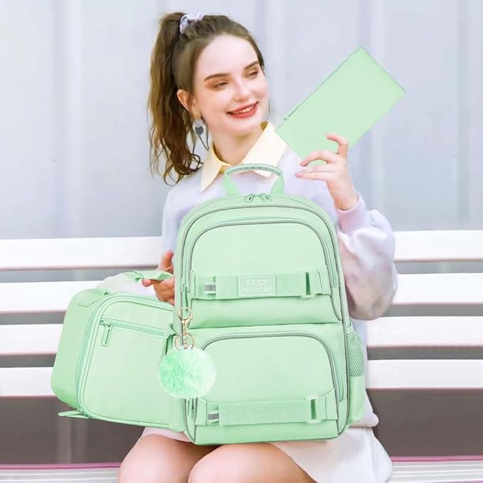 3PCS Laptop Bookbag for Girls, 17" Water Resistant School Backpack with Lunch Box, Cute Green School Bag Set for Women College Teenagers High Middle Elementary School