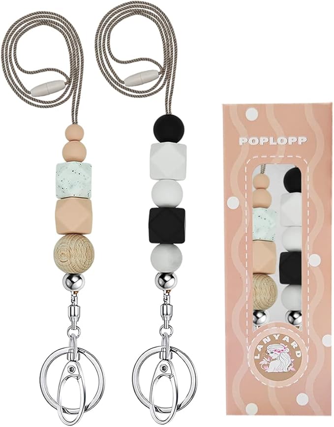 POPLOPP 2PCS Teacher Lanyards for ID Badges and Keys, Cute Silicone Beaded Lanyard for Women Nurse Employees Students