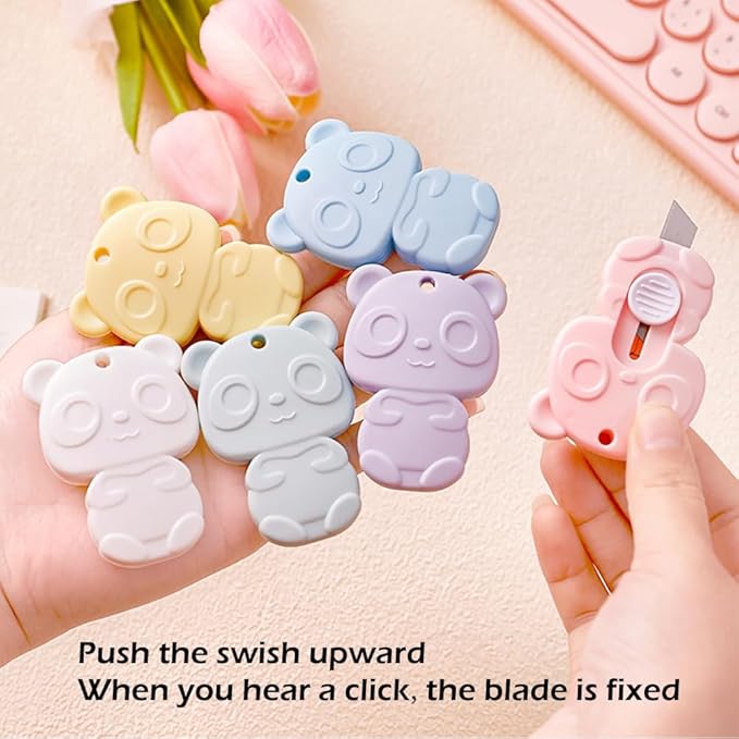6 Pack Mini Box Cutter Retractable Utility Knife, Cute Panda Shaped Letter Opener Envelope Slitter, Portable Utility Pocket Knives for DIY Cutting Paper Home Office School Stationery